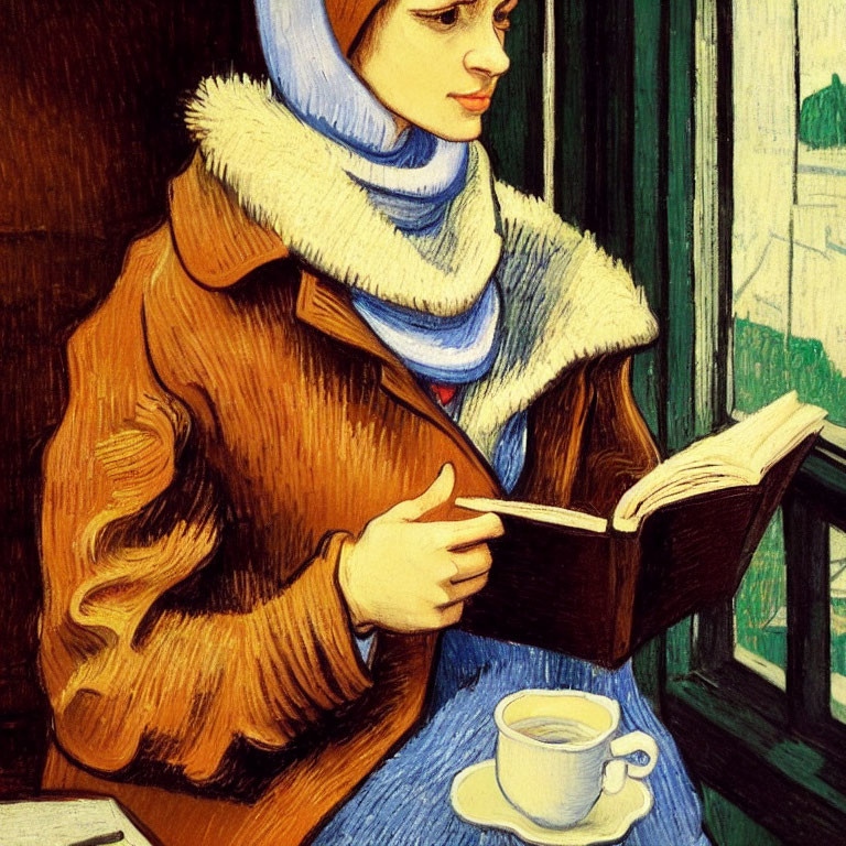 Vibrant painting of woman reading by window with tea
