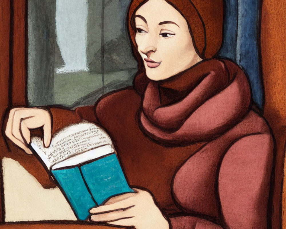 Person in Brown Headscarf Reading Book at Table with Window