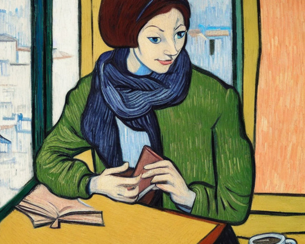 Stylized illustration: Woman with bob haircut, green jacket, blue scarf, at table with book