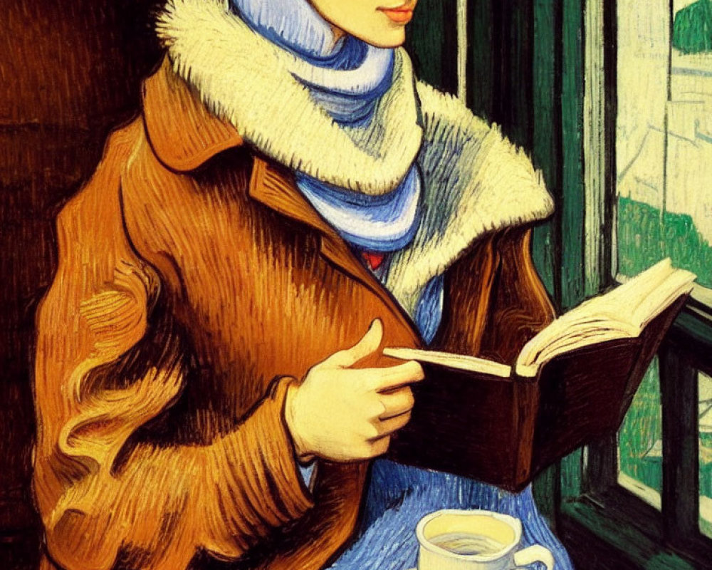 Vibrant painting of woman reading by window with tea