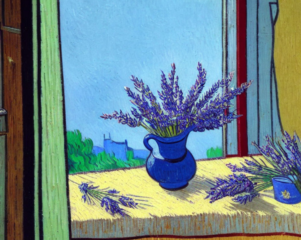 Colorful painting of blue jug with lavender on yellow windowsill & landscape background