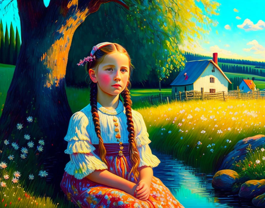 Young girl with braided hair by pond in colorful countryside setting