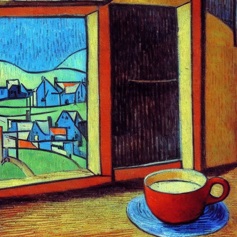 Colorful painting of red cup on window sill with rural landscape view
