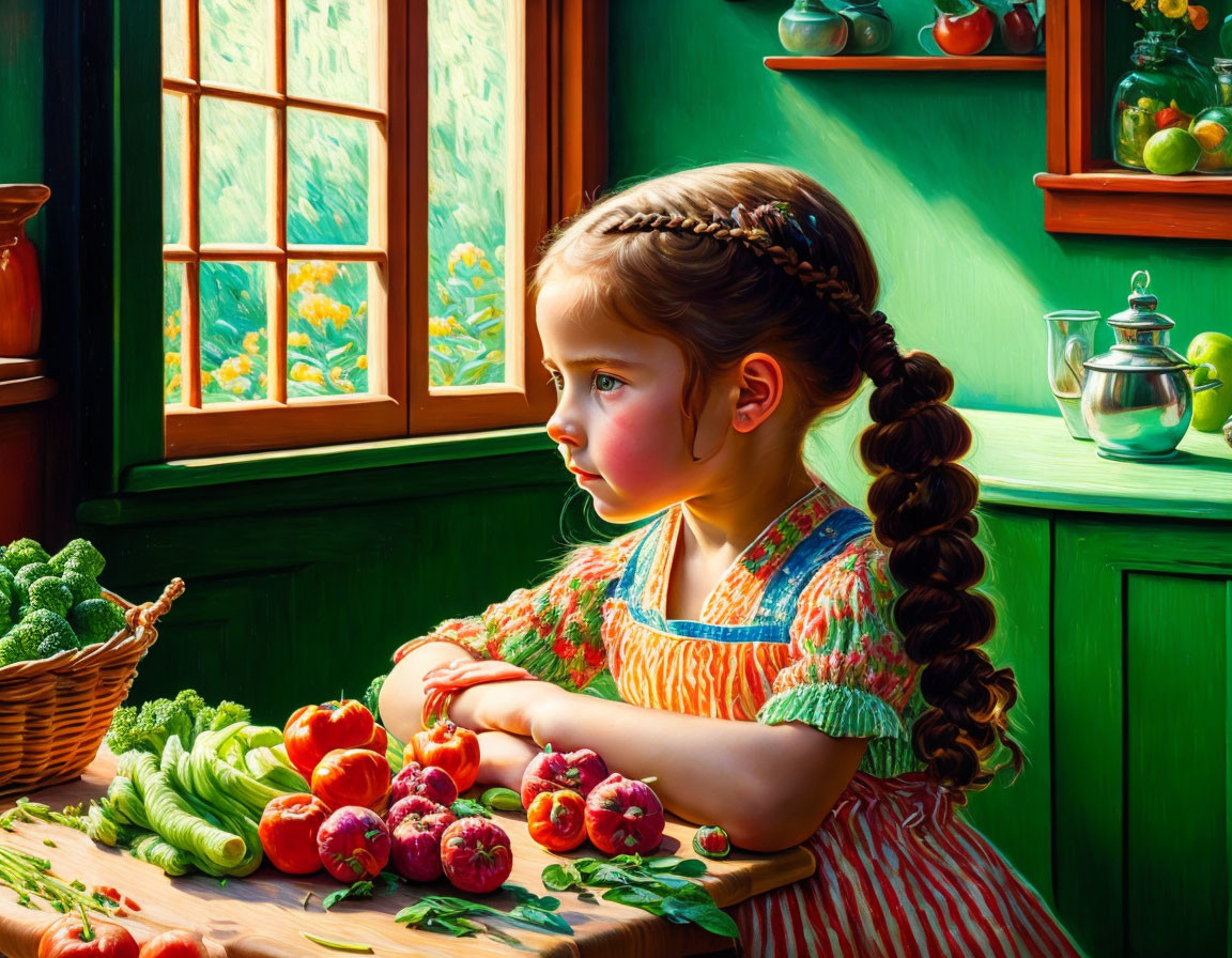 Girl with braid in green kitchen surrounded by fruits and vegetables
