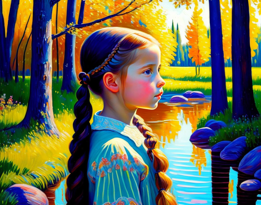 Young girl with braided ponytail in vibrant autumn forest
