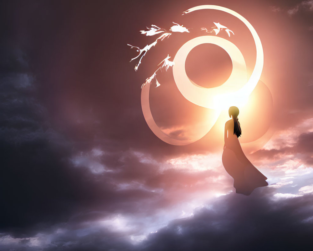 Silhouette of person under surreal sky with moon-like circles and flying birds