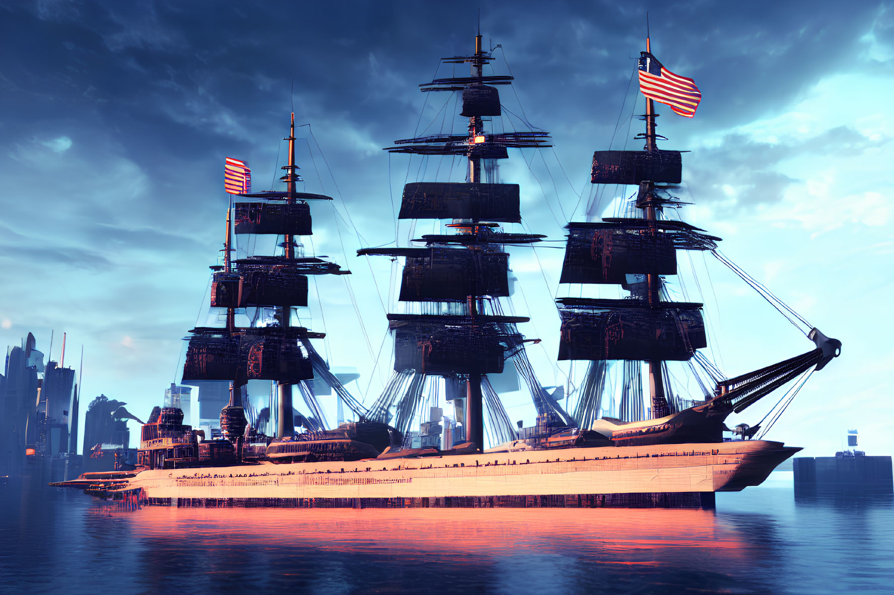 Computer-generated image: Two old sailing ships with American flags in modern city harbor at dusk