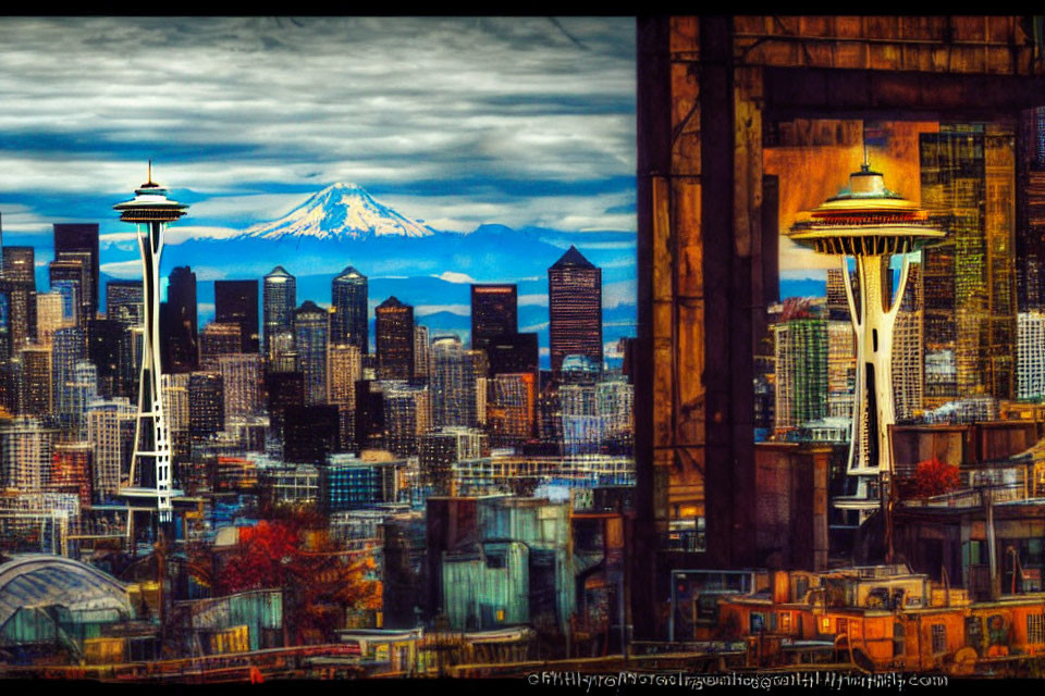 Seattle skyline with Space Needle, Mount Rainier, and rustic wooden beams