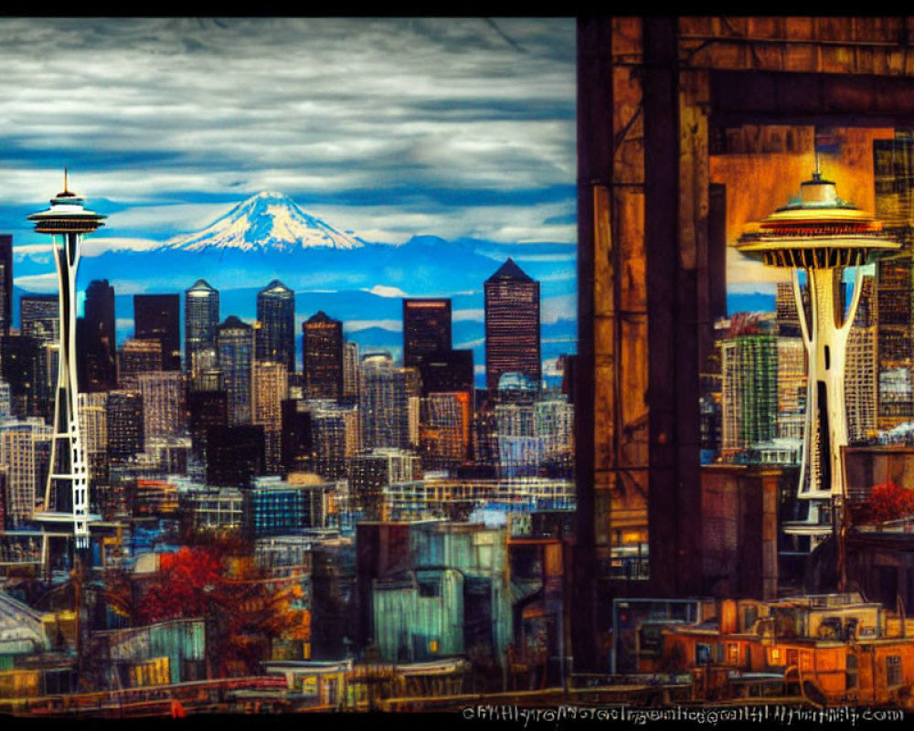 Seattle skyline with Space Needle, Mount Rainier, and rustic wooden beams