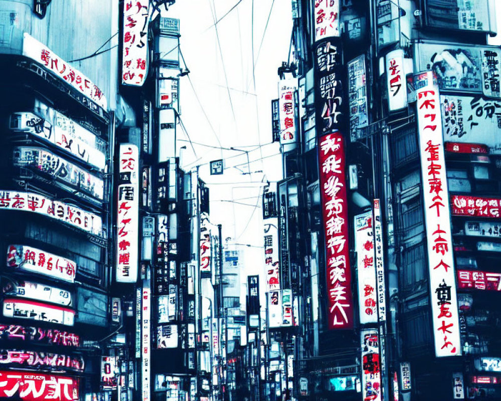 Vibrant Japanese urban street with colorful signs and banners