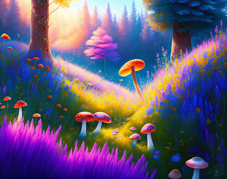 Colorful Mushroom Forest Clearing with Flowers and Sunlight