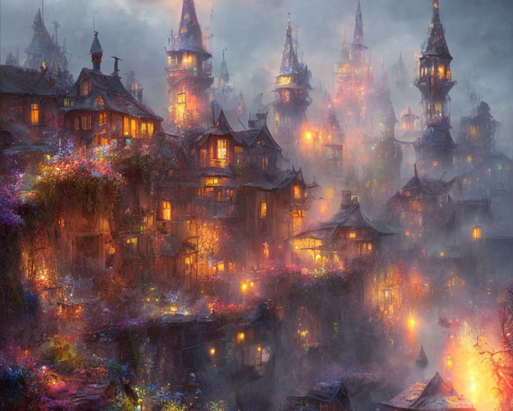 Mystical Village with Towering Spires and Twilight Mist