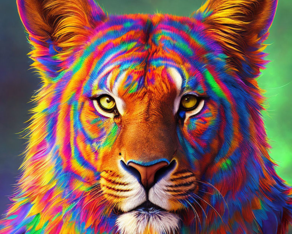 Colorful Lion Face Art with Rainbow Palette and Piercing Eyes