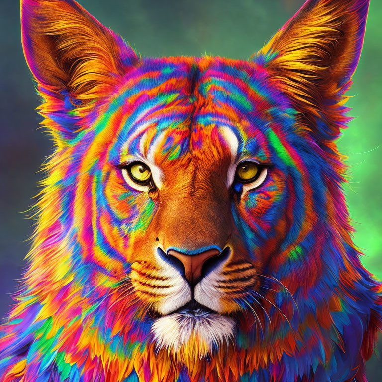Colorful Lion Face Art with Rainbow Palette and Piercing Eyes