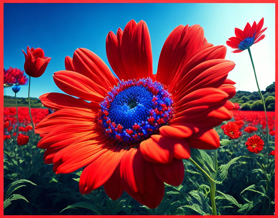 Close-up of Vibrant Red Gerbera Daisy with Blue and Red Center in Field of Red Flowers