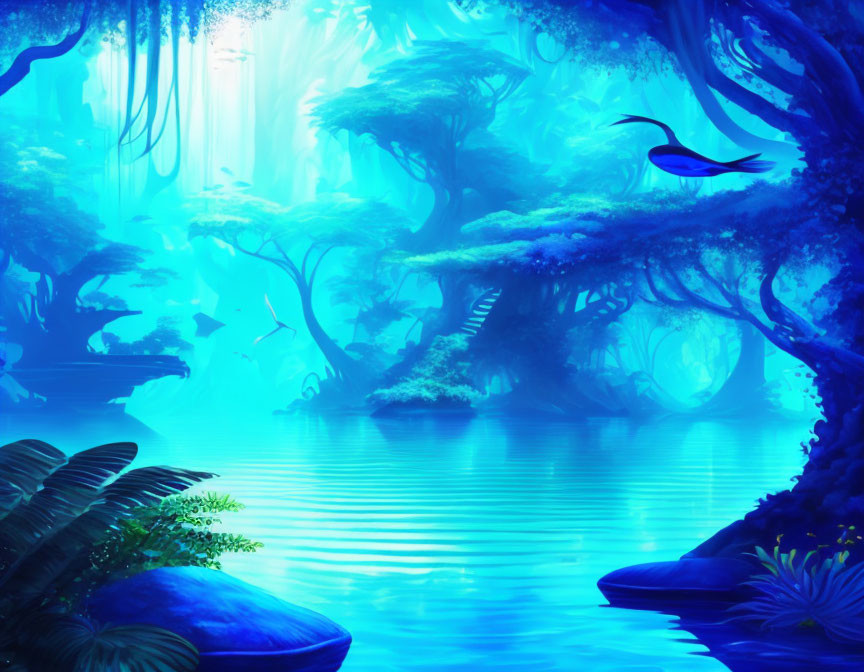 Tranquil Blue Fantasy Forest with Mist and Calm Lake
