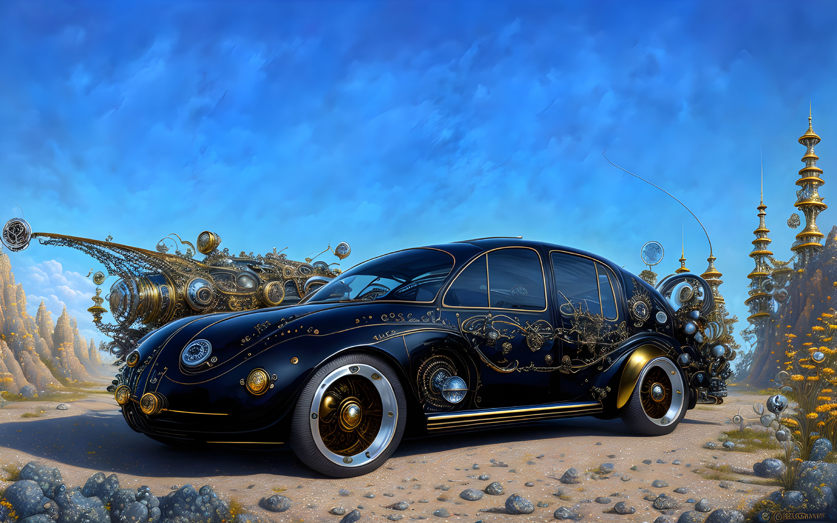 Intricate retro-futuristic black car on surreal landscape