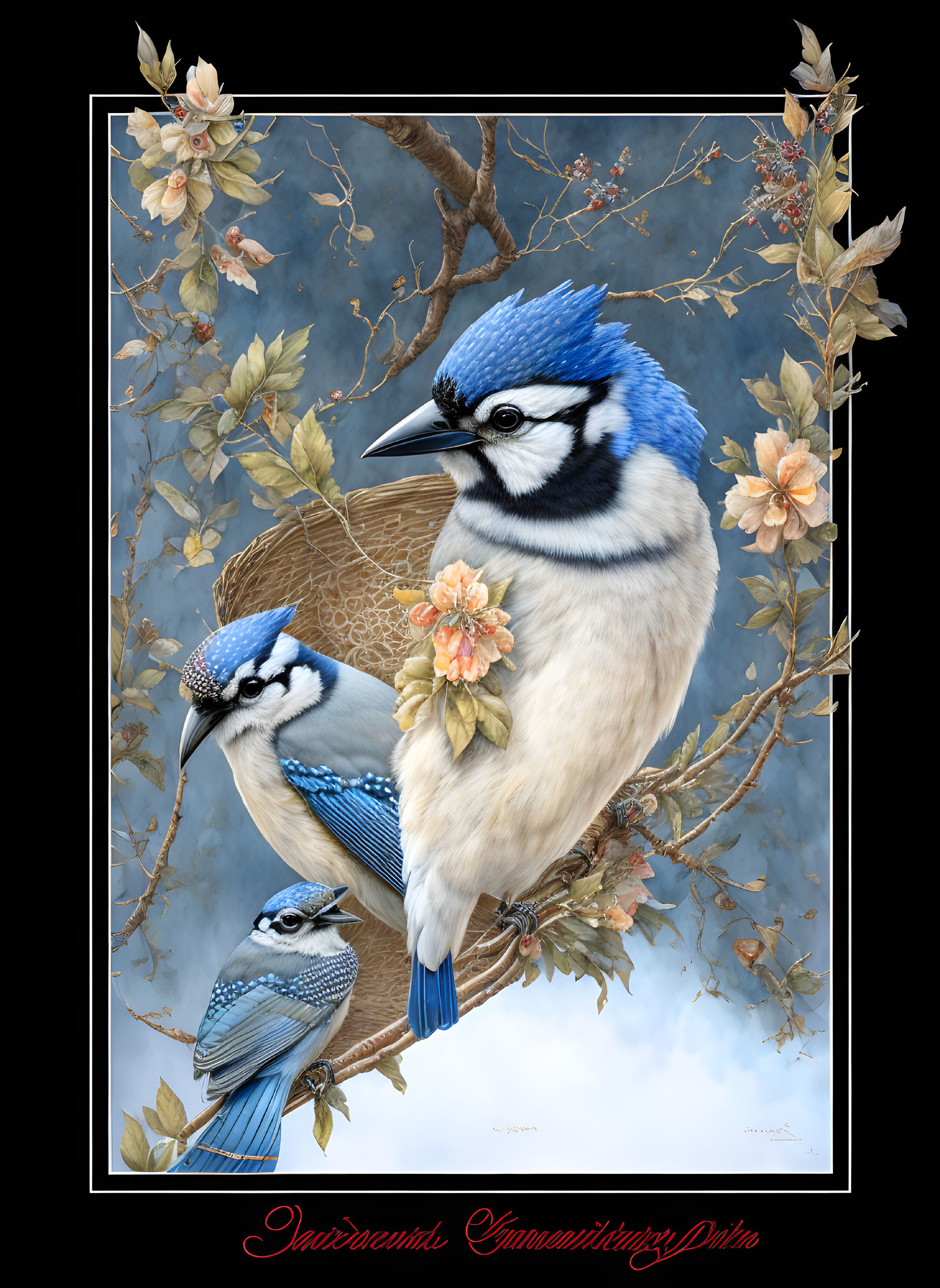 Two blue jays in blossoming branches on cool blue background with floral motifs.