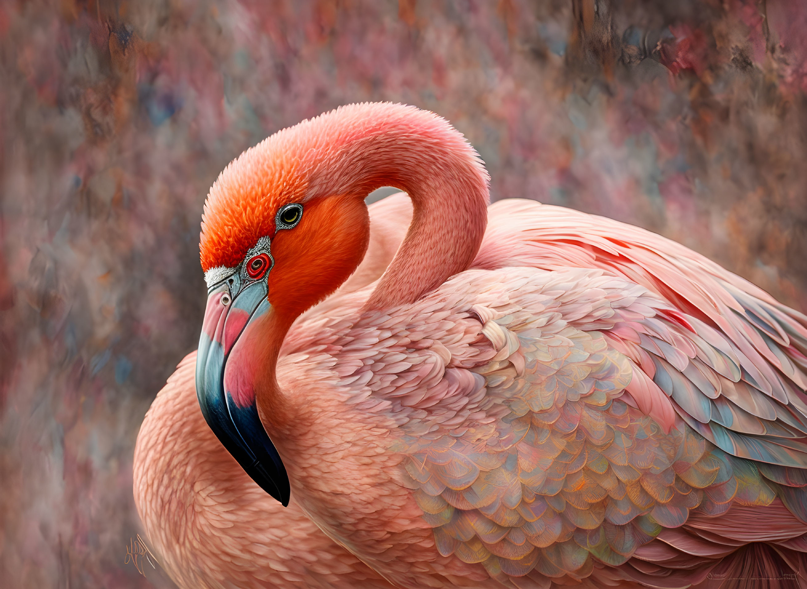 Detailed illustration of vibrant flamingo feathers and bill on mottled background