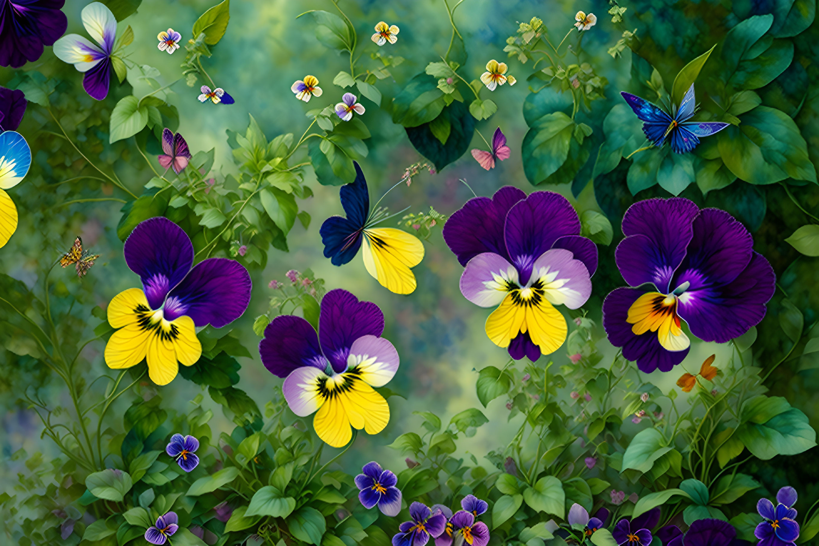 Colorful pansies and butterflies in lush garden setting