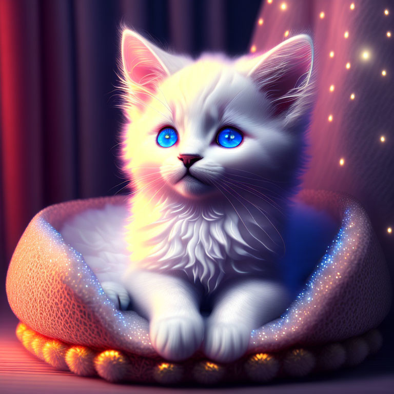Digitally illustrated white kitten with blue eyes in cozy bed