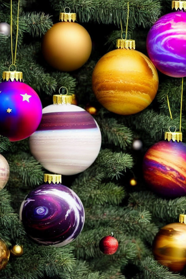 Colorful planetary ornaments on Christmas tree with celestial theme