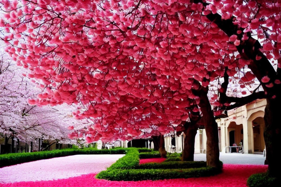 Pink Cherry Blossom-Lined Path to Arched Building