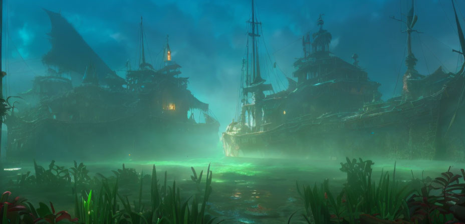 Mysterious ship graveyard in mist with ghostly green light and abandoned ships.
