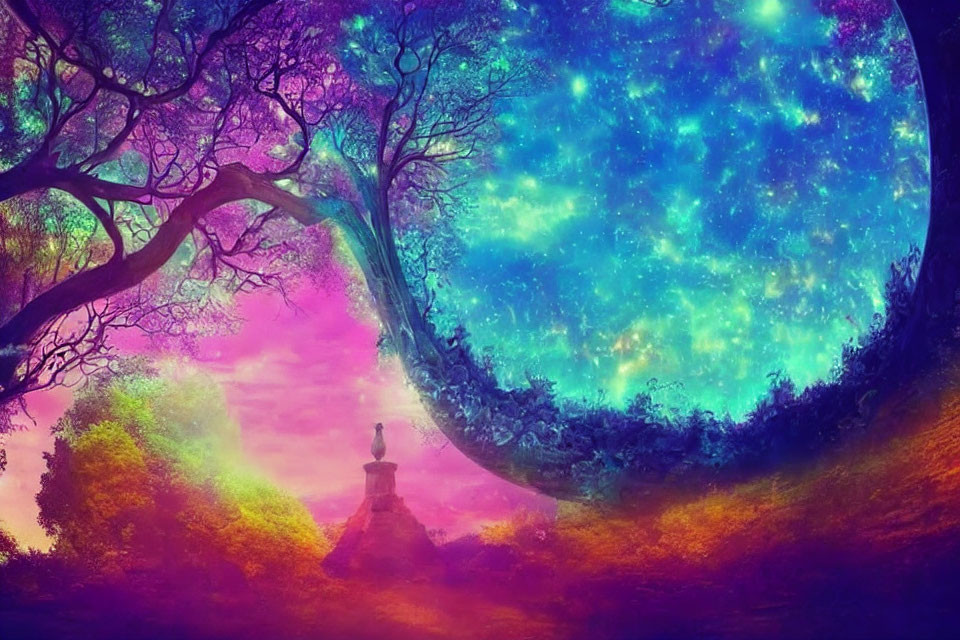 Colorful Nebula Sky Over Fantasy Landscape with Swirling Portal and Solitary Figure