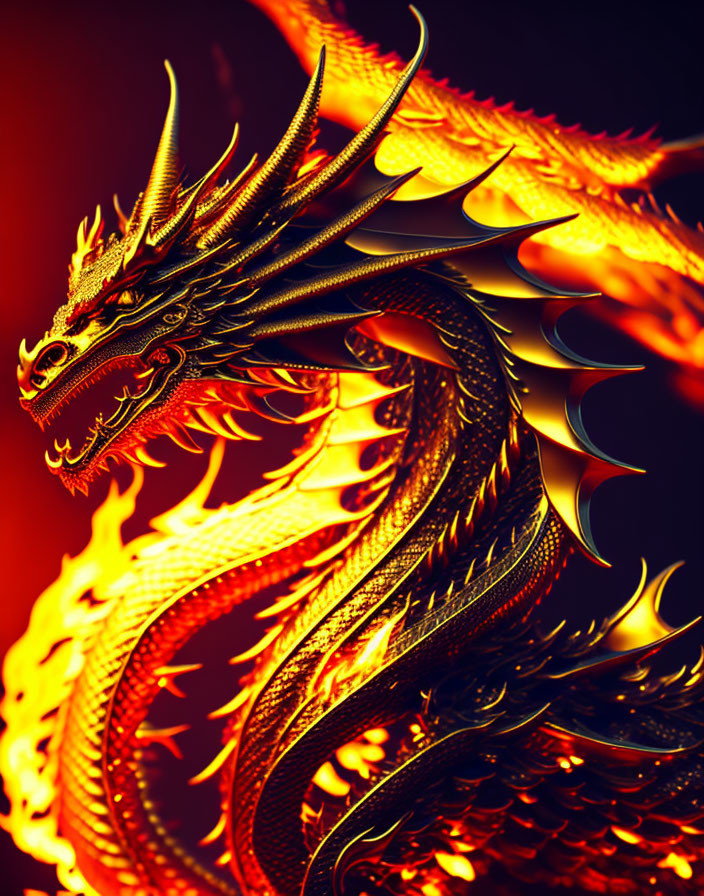 Fiery Golden Dragon Artwork on Red Background