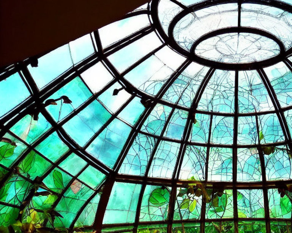Intricate Metal-Framed Glass Dome with Green Tinge and Silhouetted Leaves