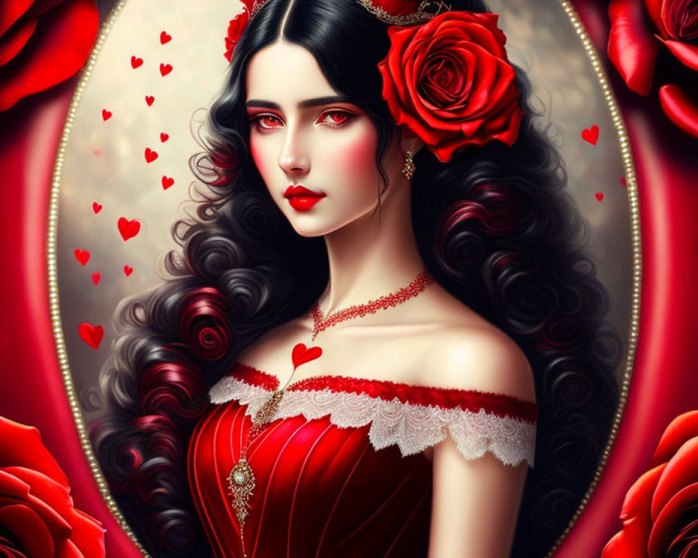 Illustration of pale woman in red dress with rose motifs