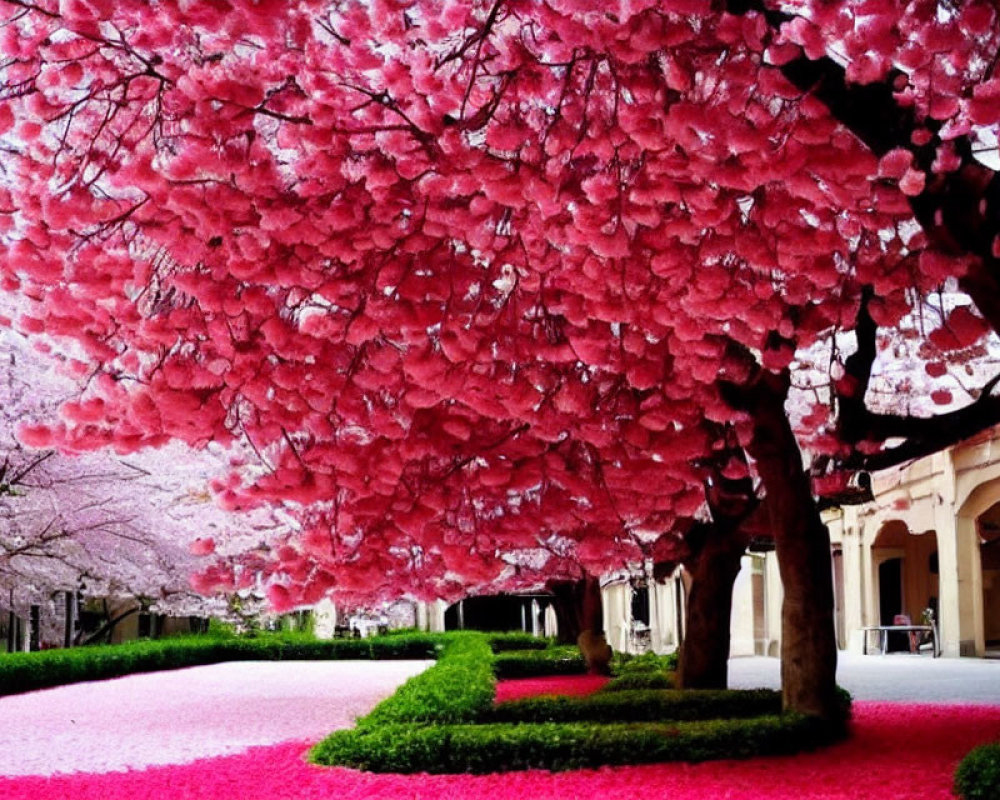 Pink Cherry Blossom-Lined Path to Arched Building