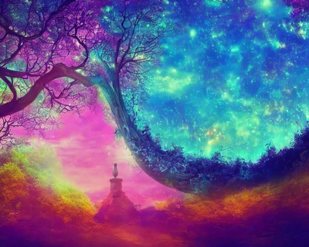 Colorful Nebula Sky Over Fantasy Landscape with Swirling Portal and Solitary Figure