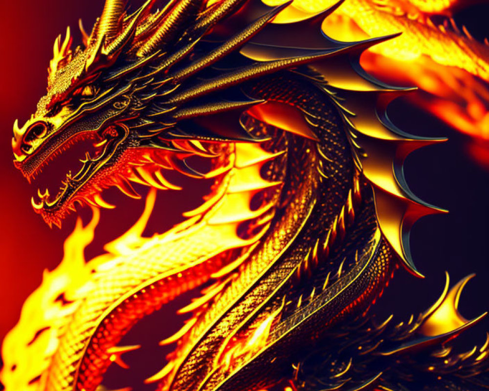 Fiery Golden Dragon Artwork on Red Background