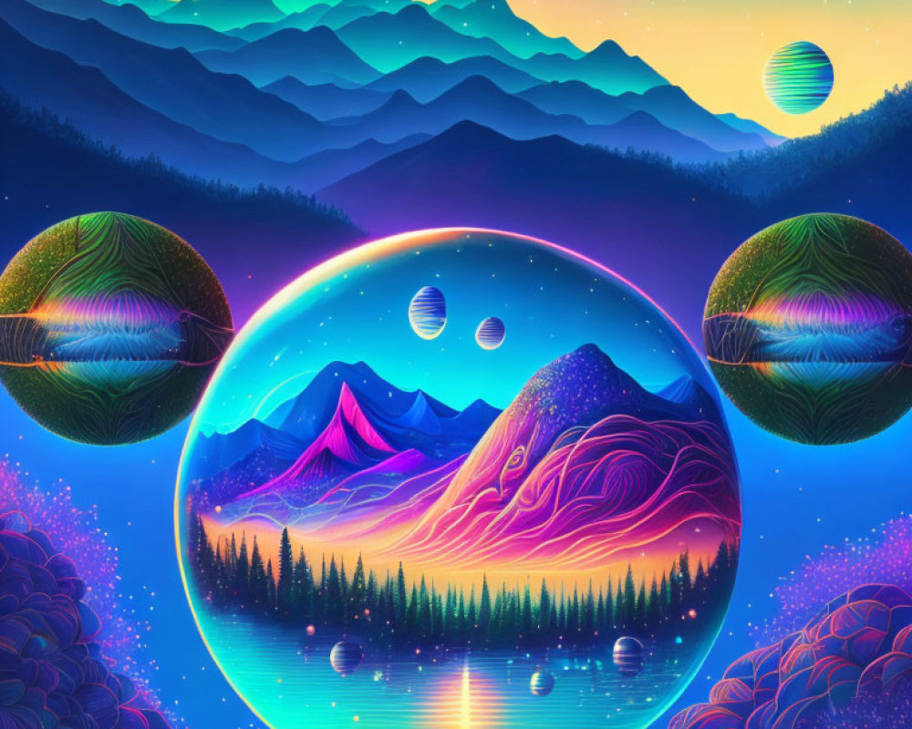 Vibrant digital artwork of surreal landscape with mountains, forest, and reflective spheres under neon night sky