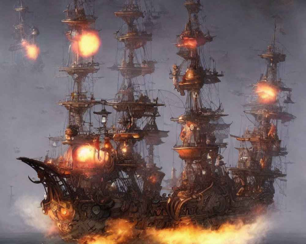 Fantastical steampunk ships in fiery sea battle