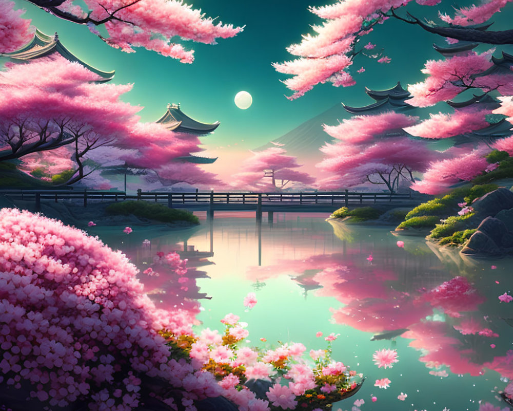 Tranquil cherry blossom scene with pagoda buildings and full moon