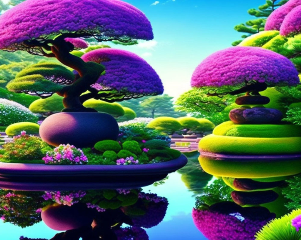 Fantastical landscape with purple foliage trees and floating rocks above water.