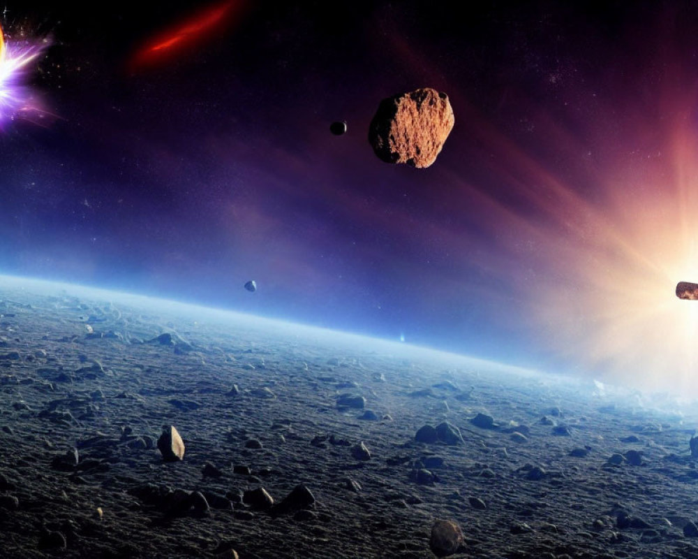 Astronomical artwork featuring asteroids, suns, and nebula in cosmic setting