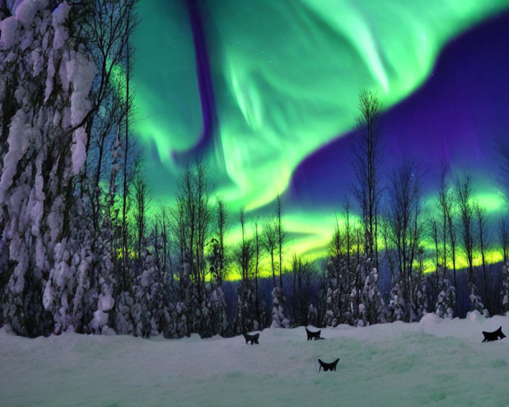 Northern Lights shine over snowy forest with cats.