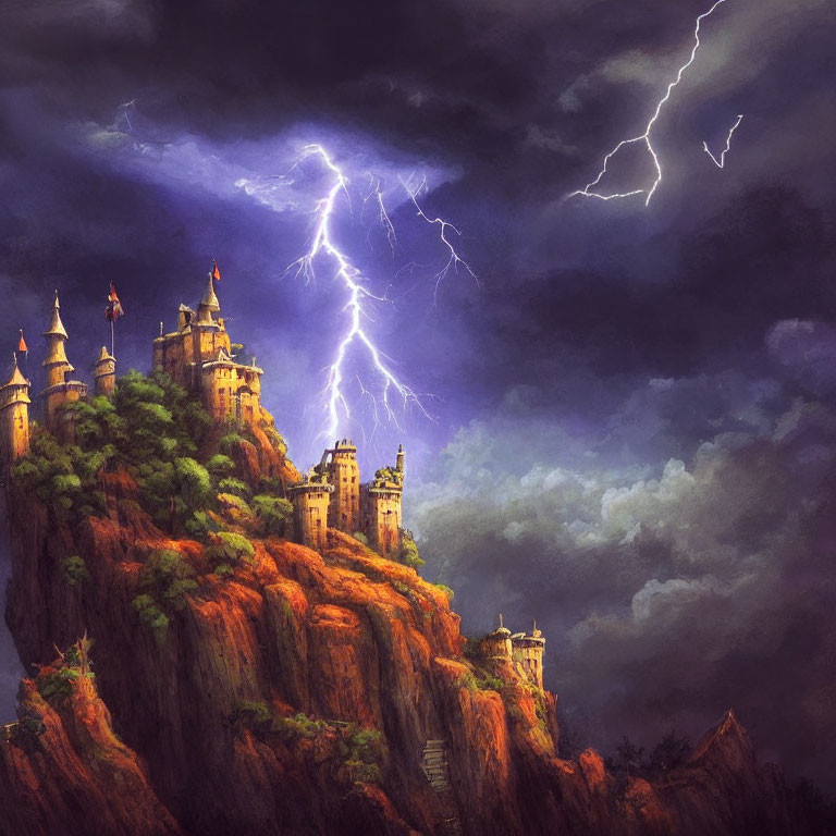 Foreboding castle on craggy cliff under purple sky