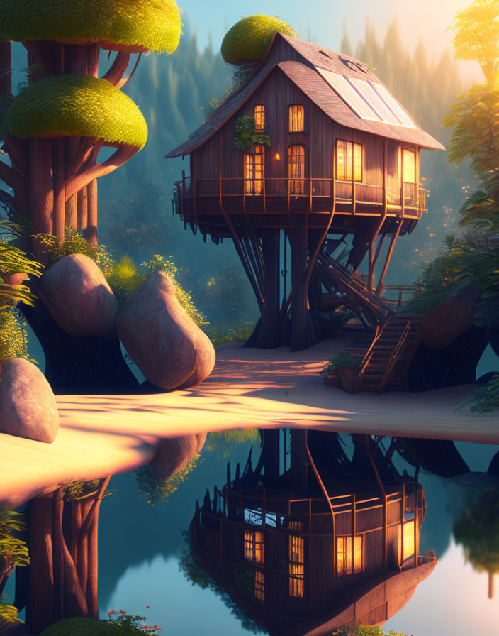 Tranquil sunset scene of treehouse by lake