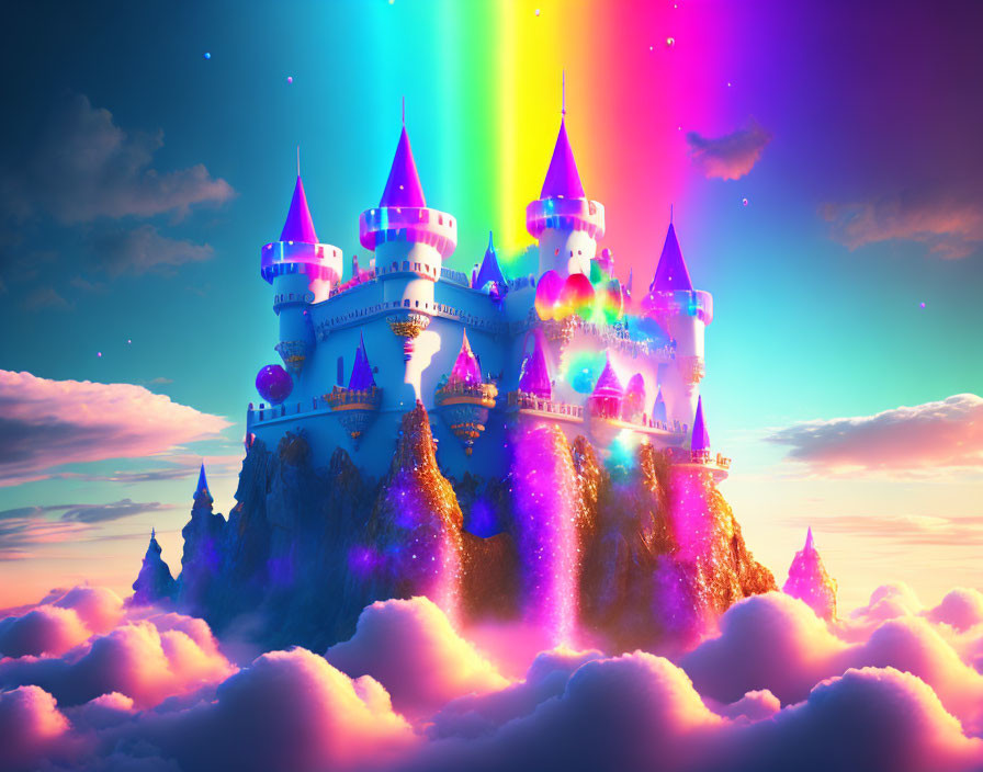 Colorful Fantasy Castle Surrounded by Clouds and Rainbow