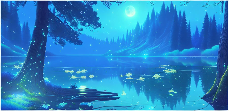 Tranquil night scene: radiant full moon, glowing flowers, serene lake, mystical blue forest.
