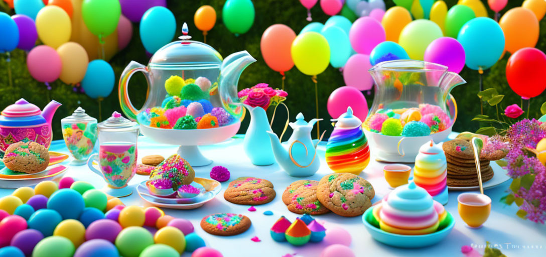 Colorful Balloon Tea Party Setup with Sweets and Teapot in Outdoor Setting