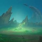 Mysterious ship graveyard in mist with ghostly green light and abandoned ships.