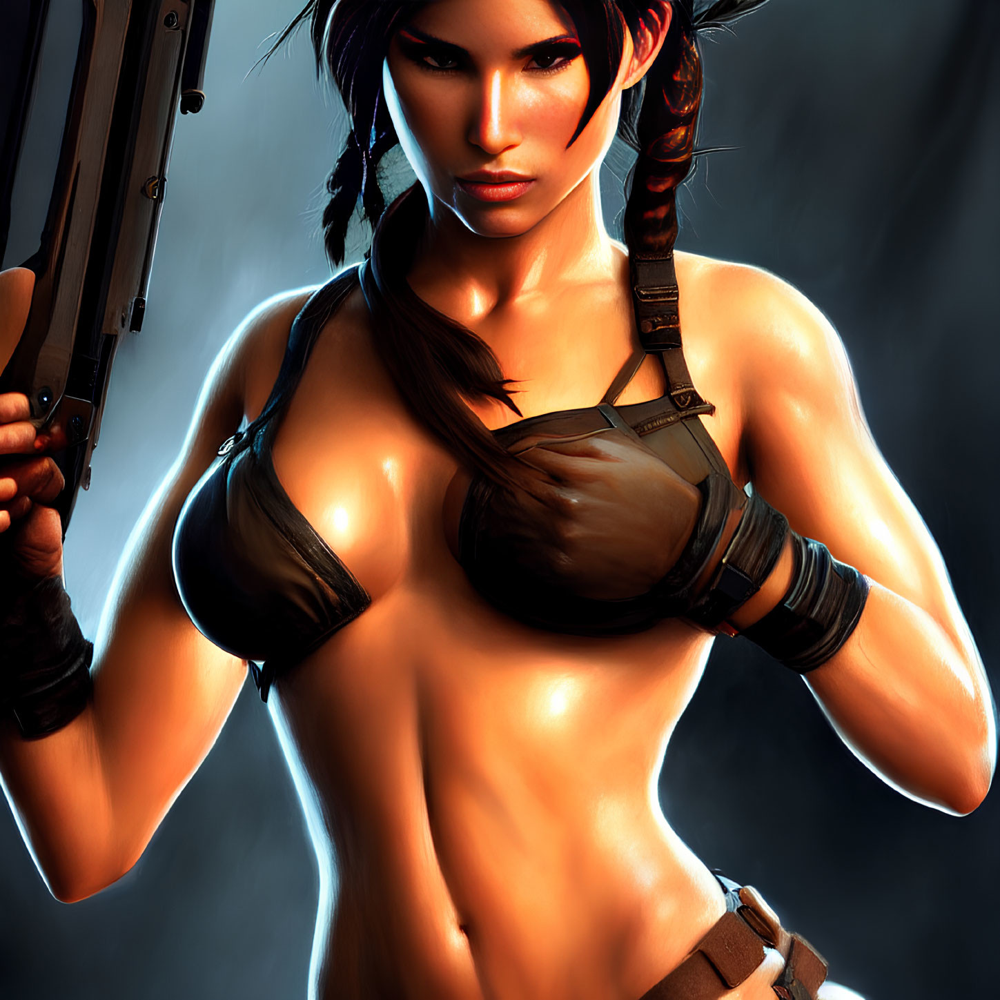 Muscular female character in dark setting with weapon and black bikini top
