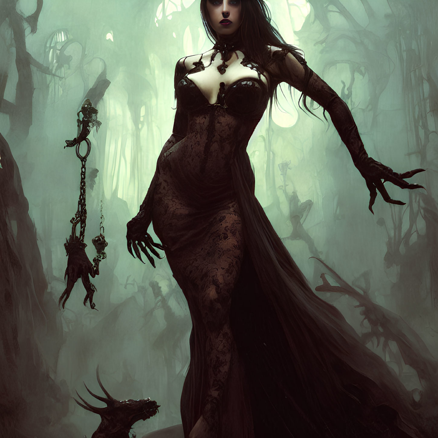 Gothic fantasy illustration of a woman in ethereal dress with sinister ambiance