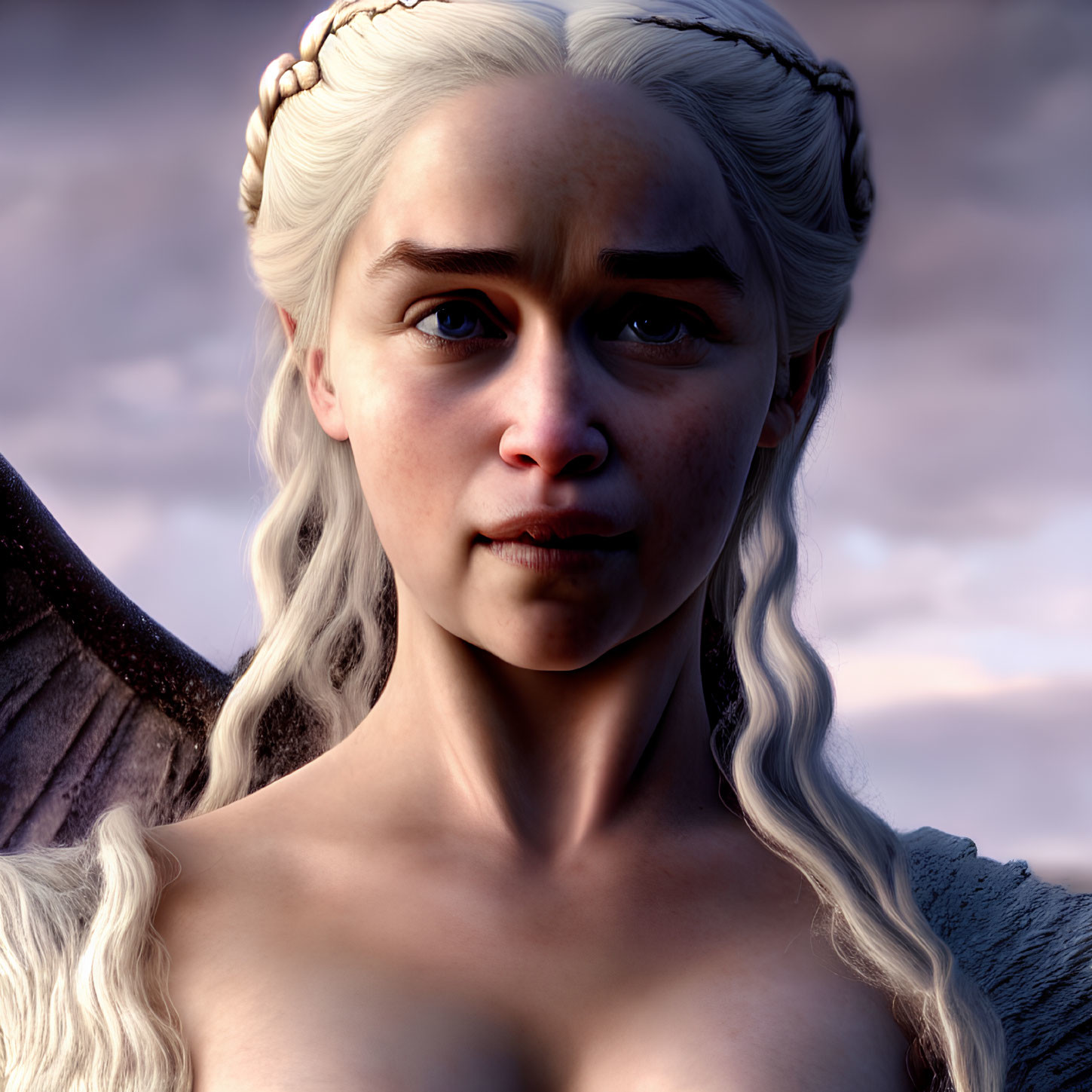 Digital portrait of woman with pale skin, white-blonde hair in braids, and dragon wings